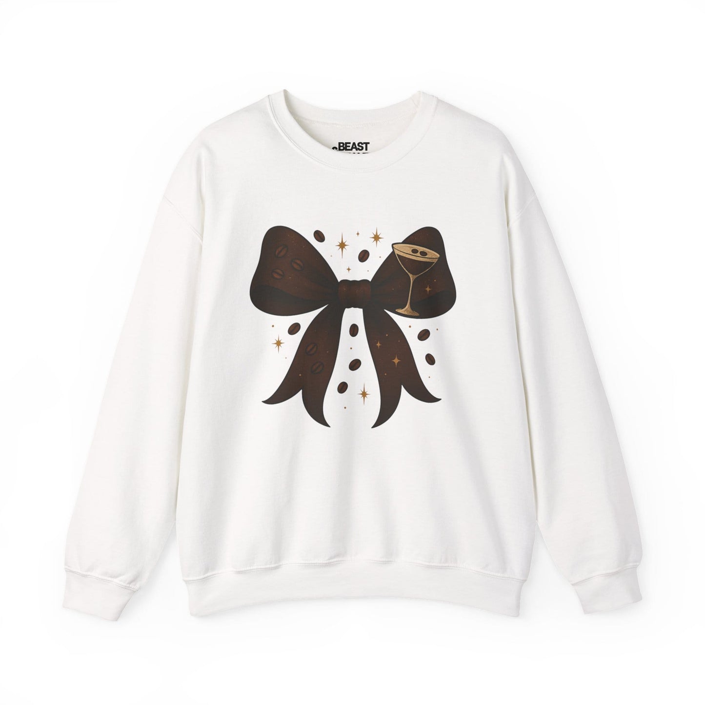 white sweatshirt with espresso martini bow coquette design