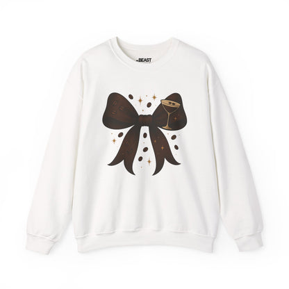 white sweatshirt with espresso martini bow coquette design