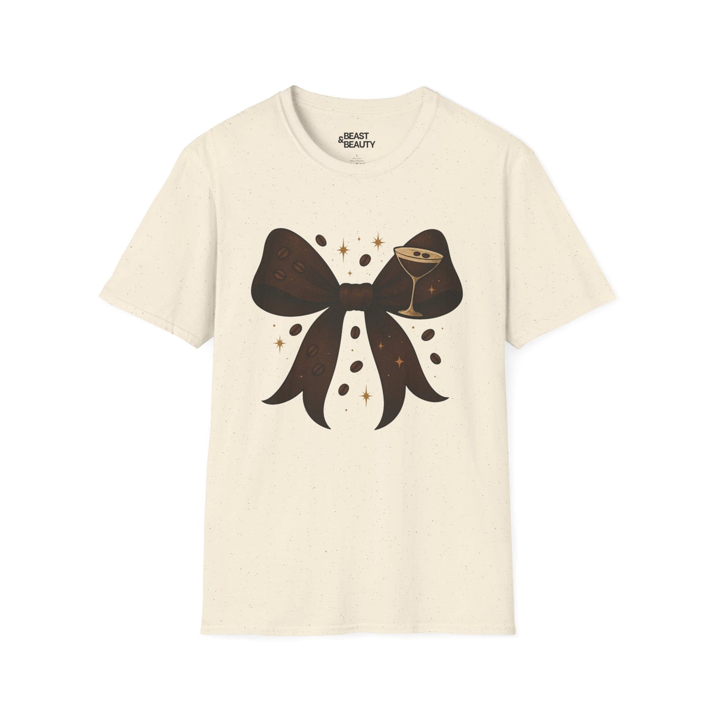 natural t-shirt with espresso martini coquette bow graphic