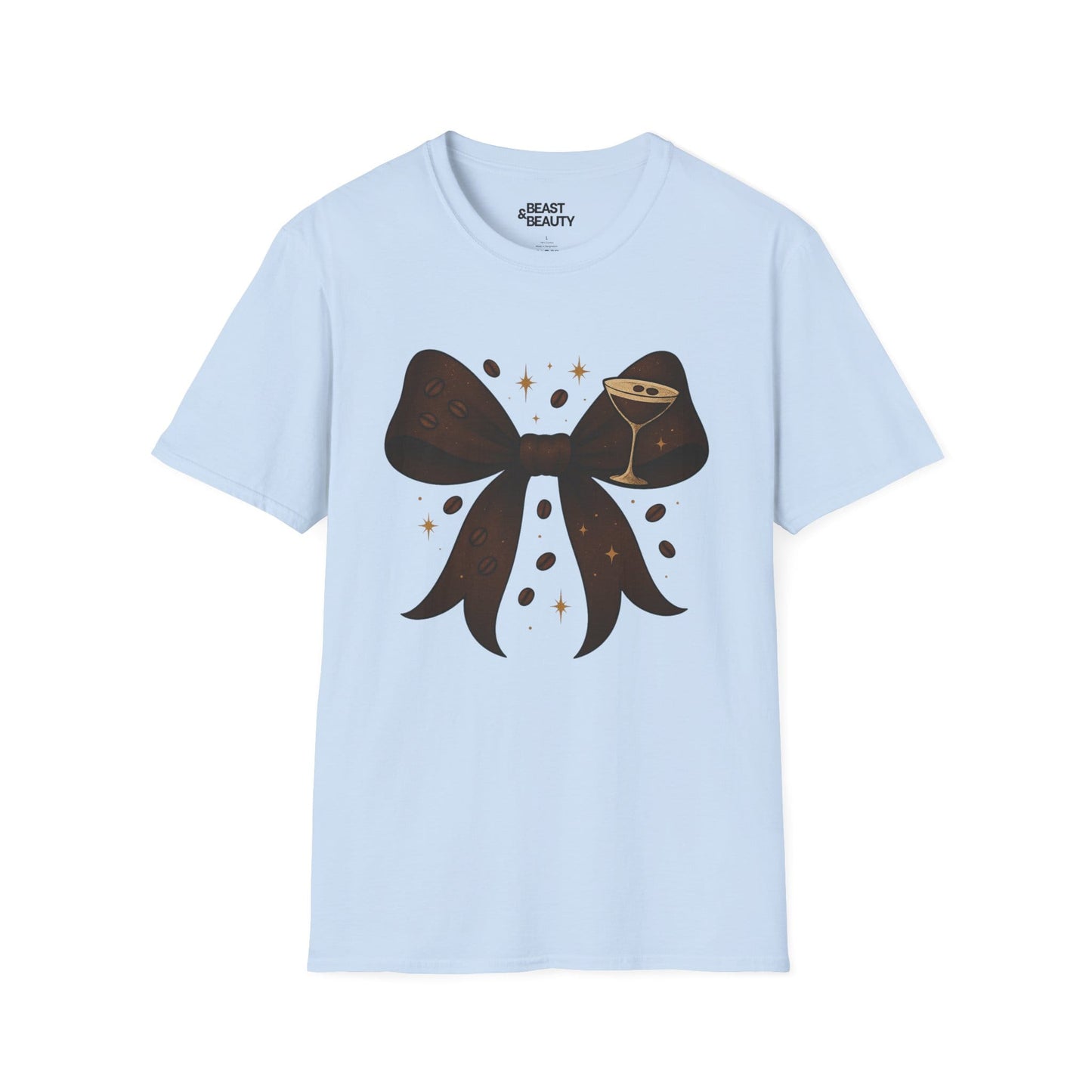 light blue t-shirt with espresso martini bow design for cocktail lovers