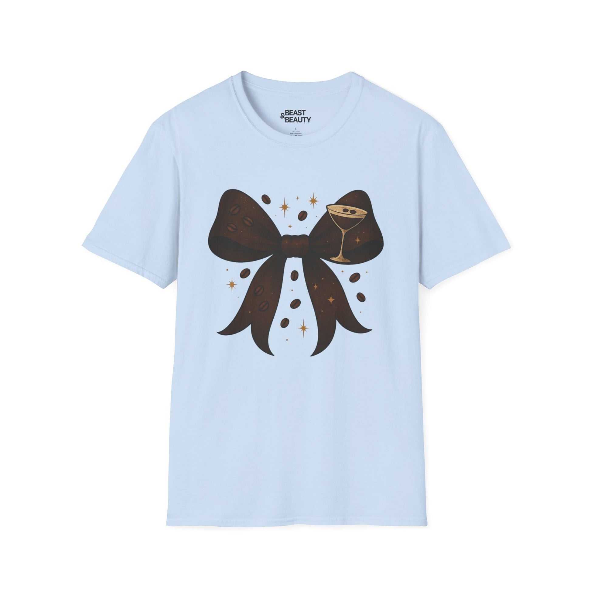 light blue t-shirt with espresso martini bow design for cocktail lovers