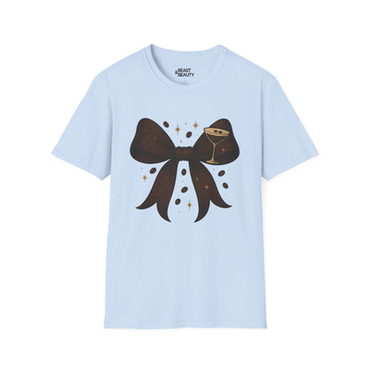 light blue t-shirt with espresso martini bow design for cocktail lovers