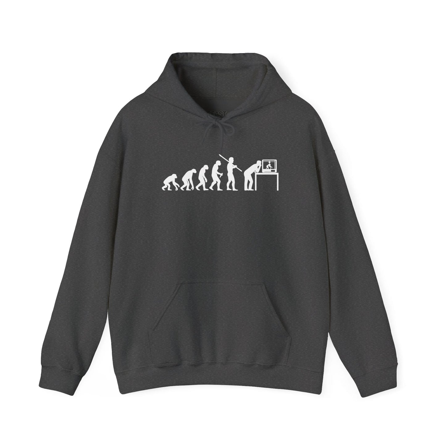 dark heather hoodie with humorous 3d printing evolution artwork