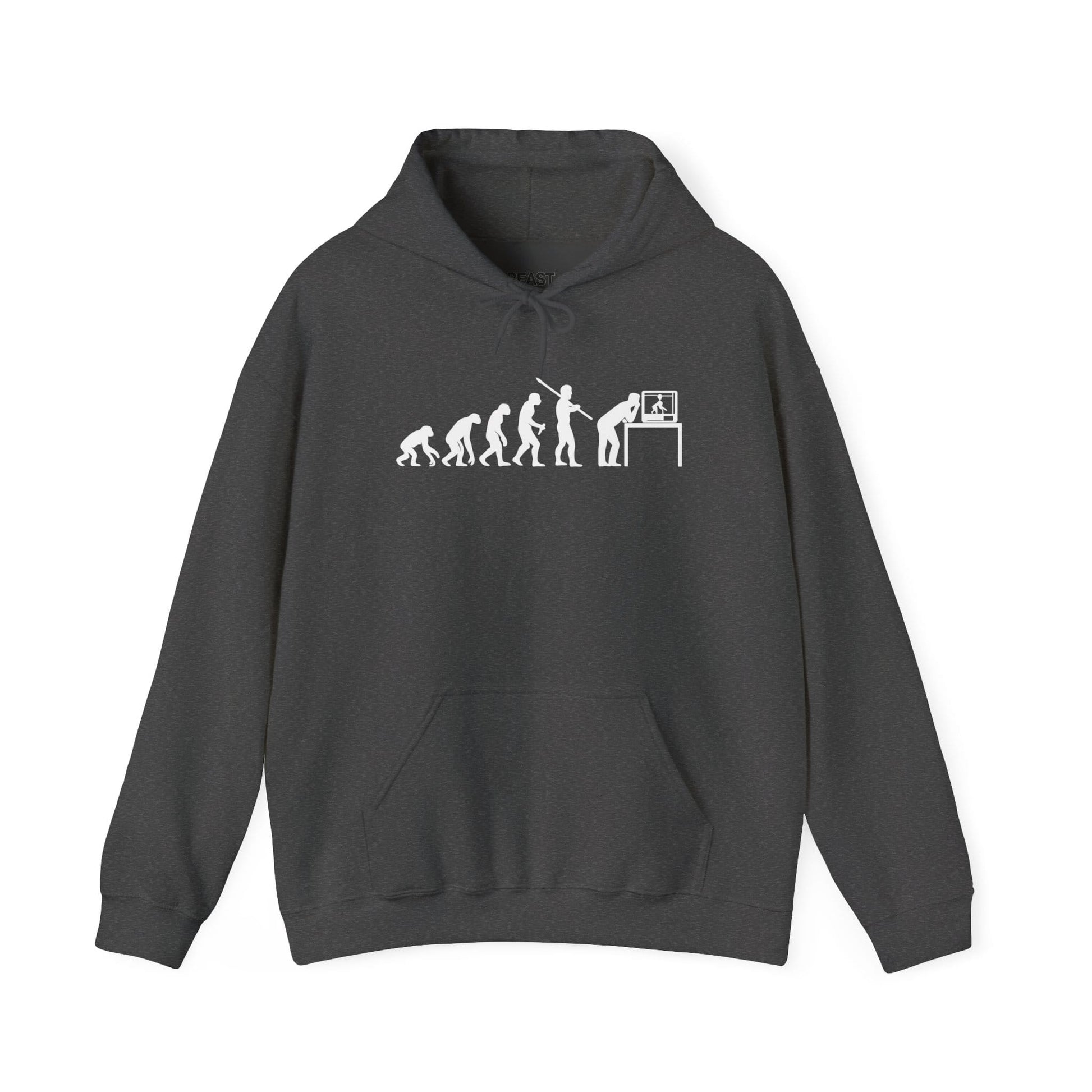 dark heather hoodie with humorous 3d printing evolution artwork