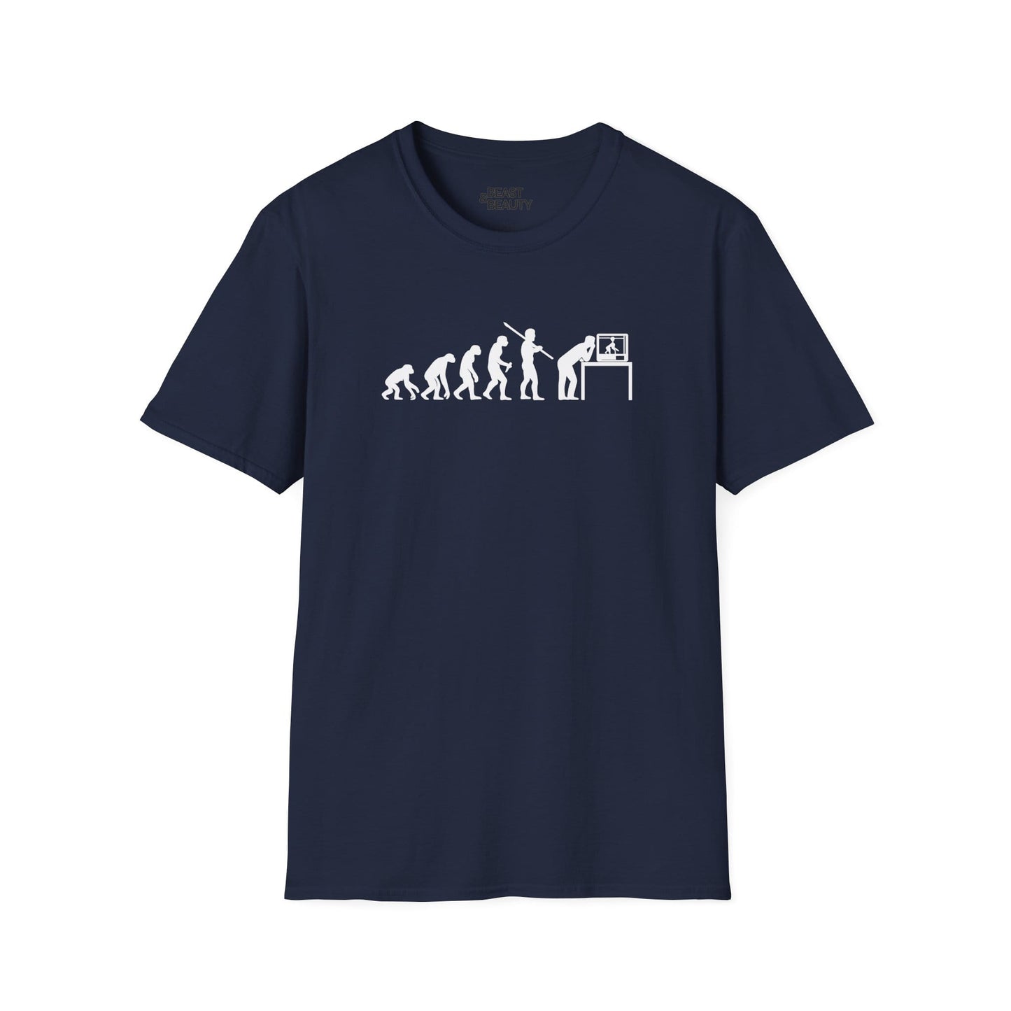 navy t-shirt with evolution of man to 3d printer tech lover graphic
