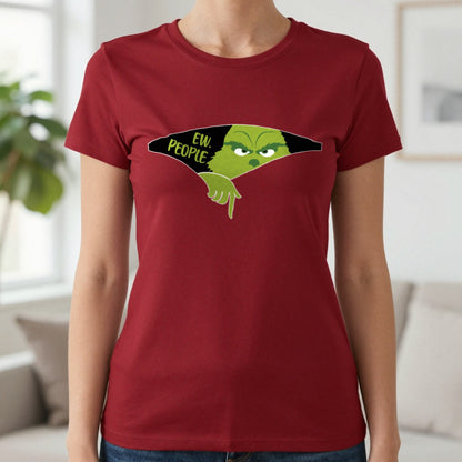 Ew People Grumpy Christmas T-Shirt & Sweatshirt in Cardinal Red, worn, our photo