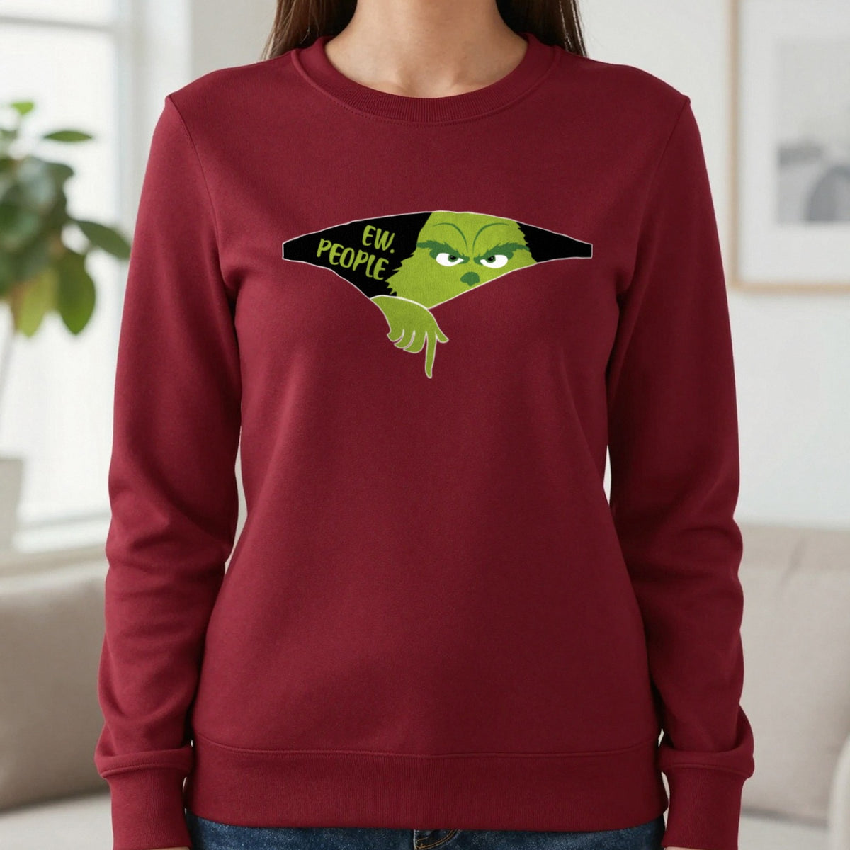 Ew People Grumpy Christmas T-Shirt & Sweatshirt in Cherry Red, worn, our photo