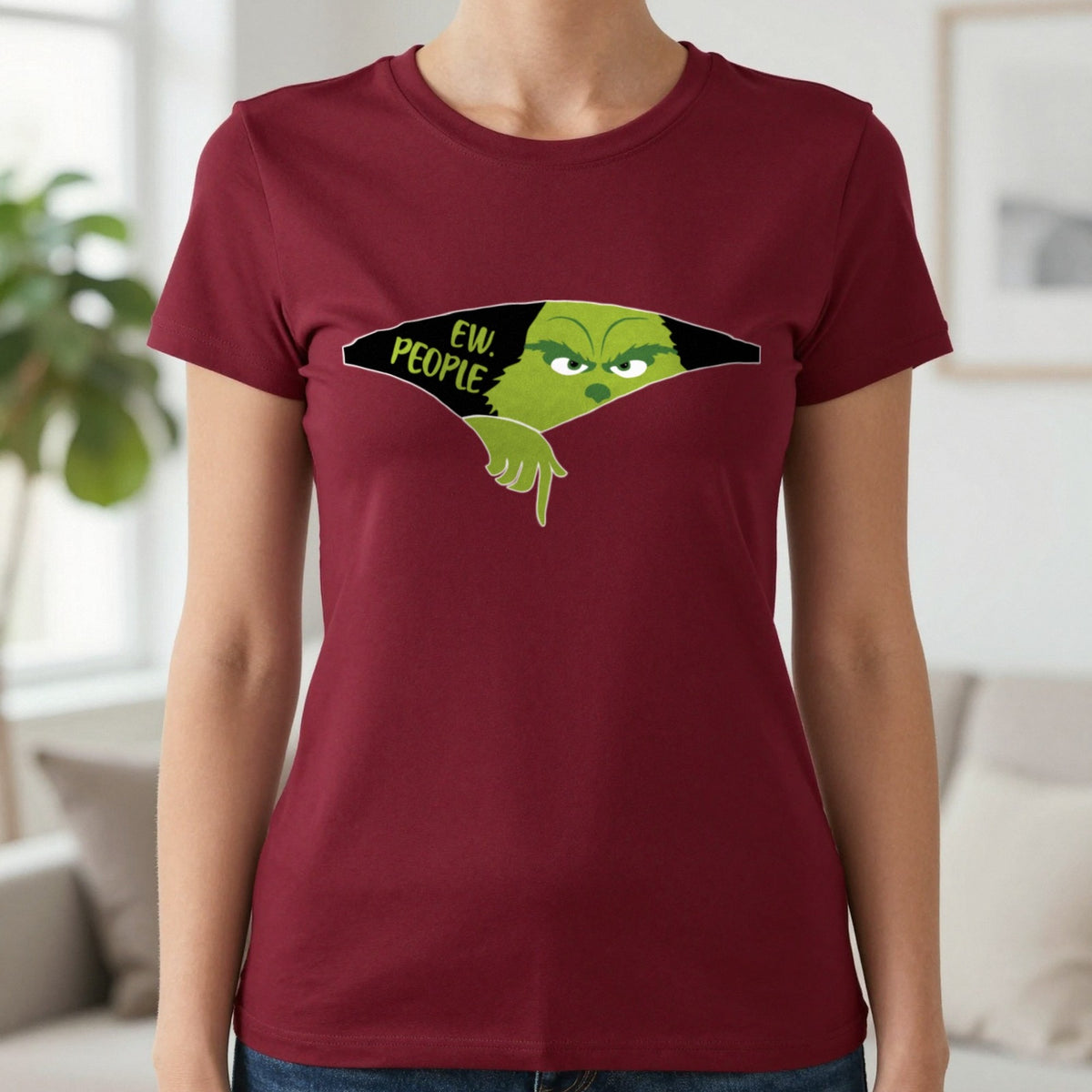 Ew People Grumpy Christmas T-Shirt & Sweatshirt in Cherry Red, worn, our photo