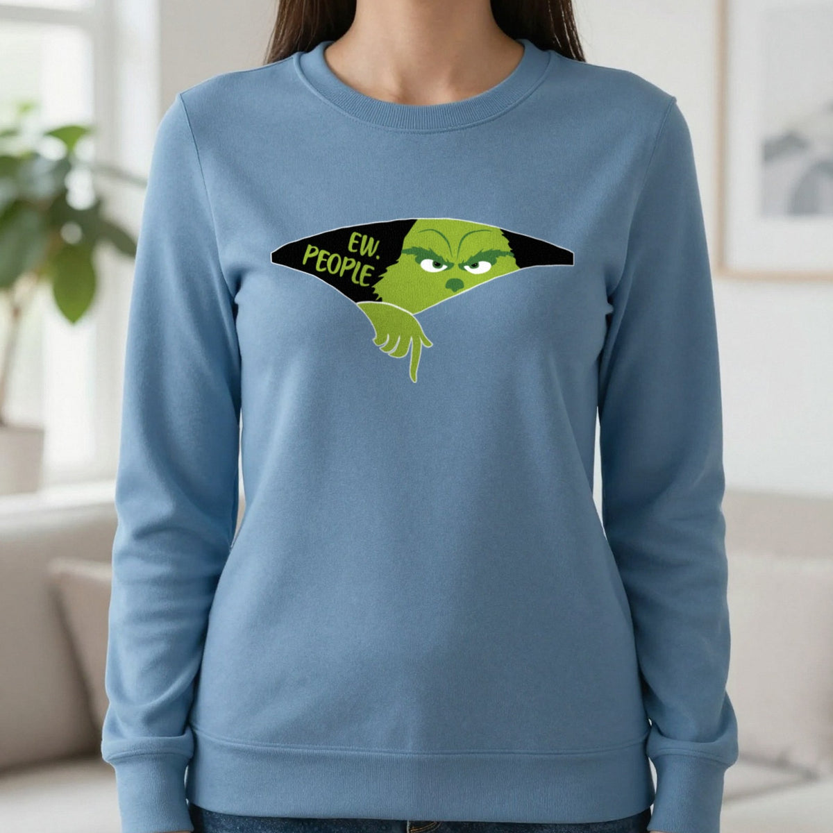 Ew People Grumpy Christmas T-Shirt & Sweatshirt in Indigo Blue, worn, our photo