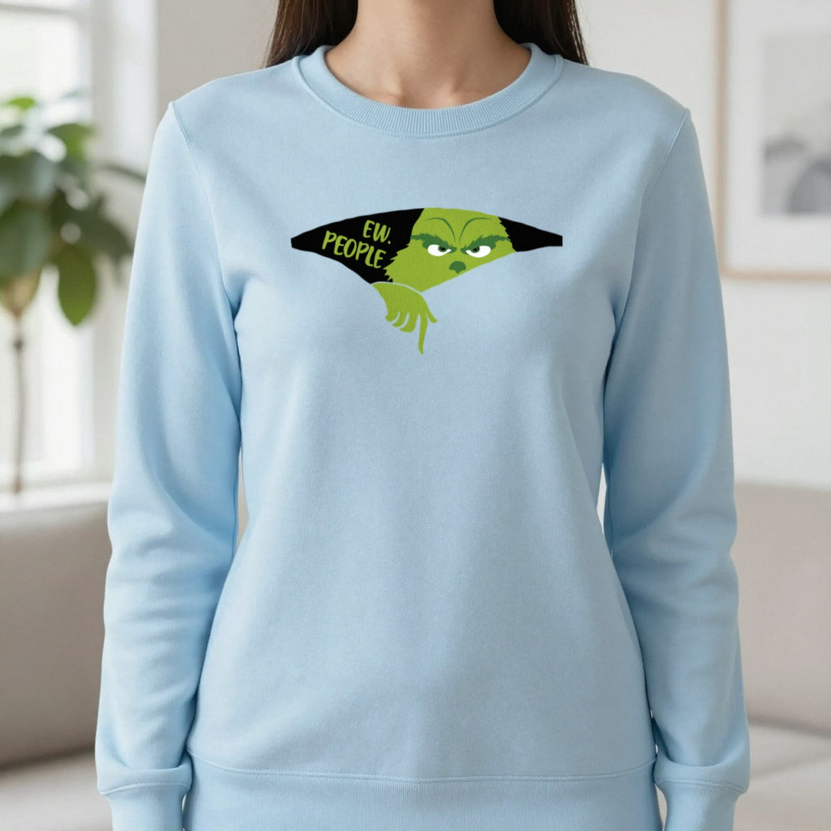 Ew People Grumpy Christmas T-Shirt & Sweatshirt in Light Blue, worn, our photo