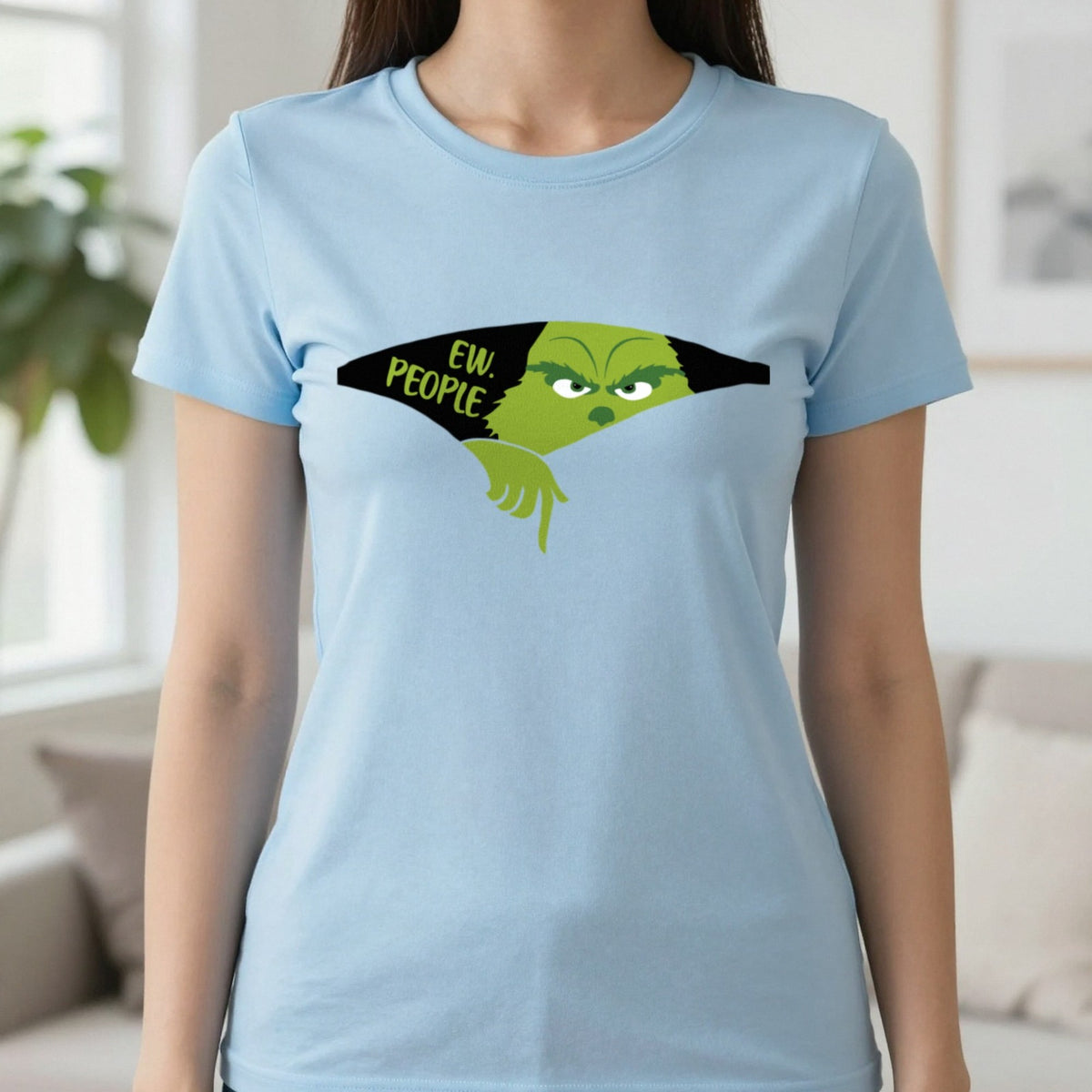 Ew People Grumpy Christmas T-Shirt & Sweatshirt in Light Blue, worn, our photo