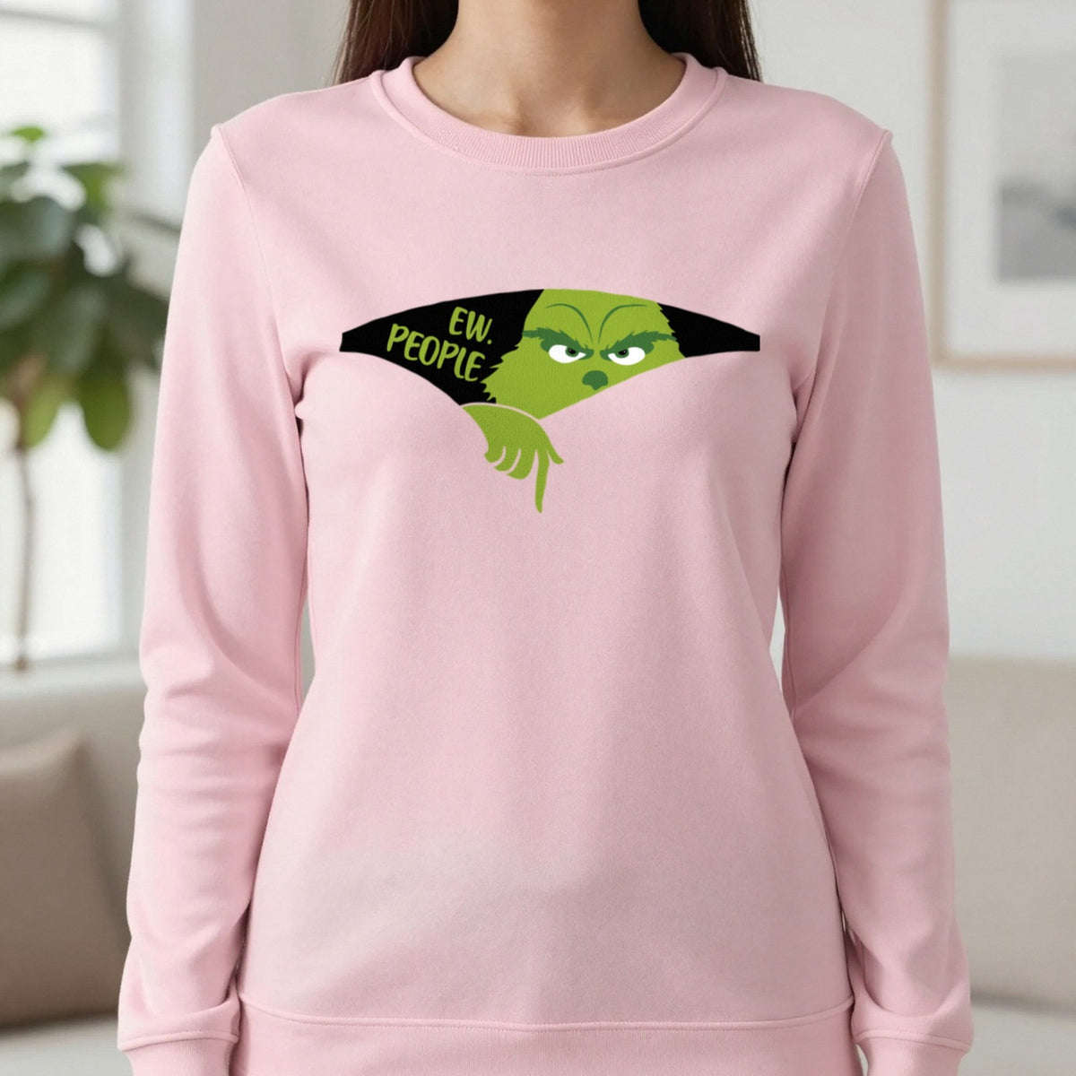 Ew People Grumpy Christmas T-Shirt & Sweatshirt in Light Pink, worn, our photo