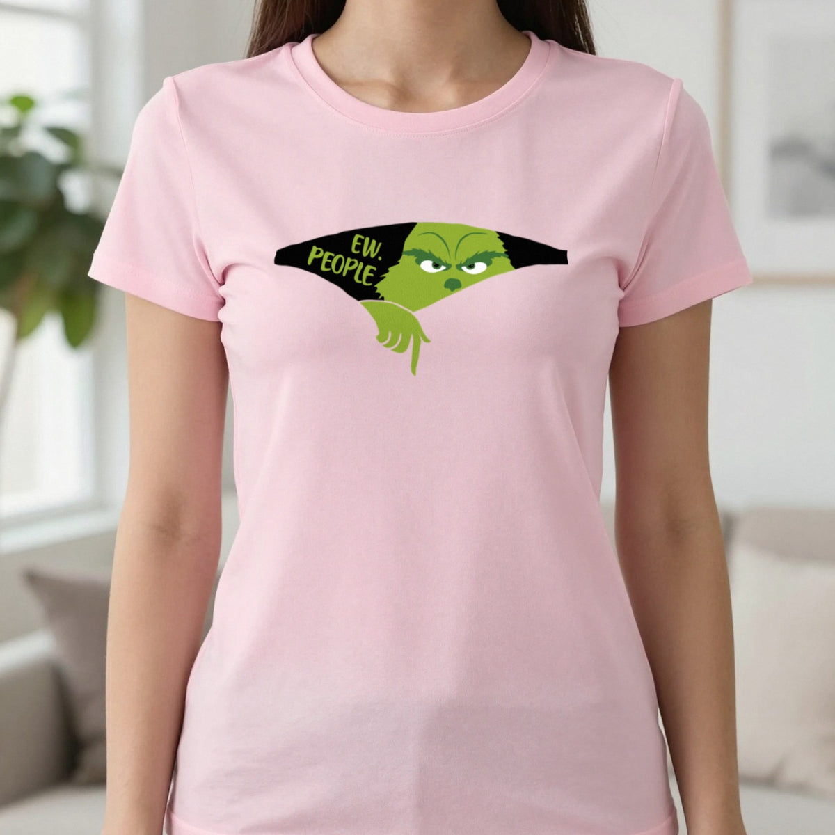 Ew People Grumpy Christmas T-Shirt & Sweatshirt in Light Pink, worn, our photo