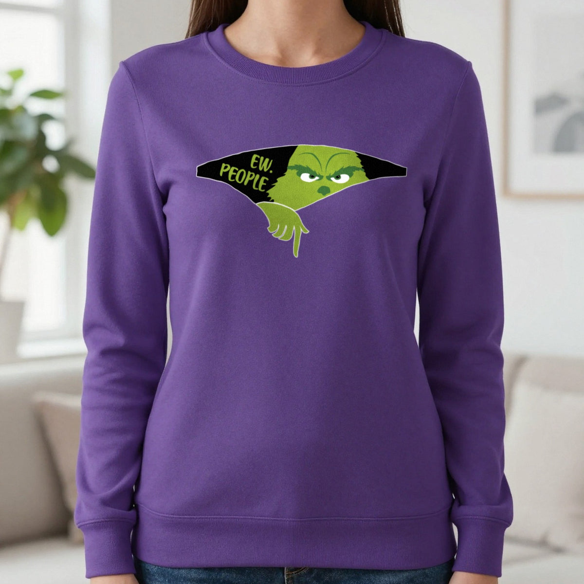 Ew People Grumpy Christmas T-Shirt & Sweatshirt in Purple, worn, our photo
