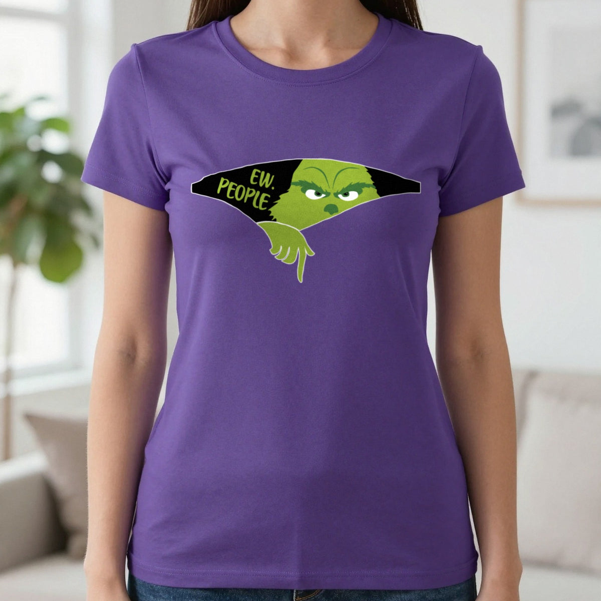 Ew People Grumpy Christmas T-Shirt & Sweatshirt in Purple, worn, our photo