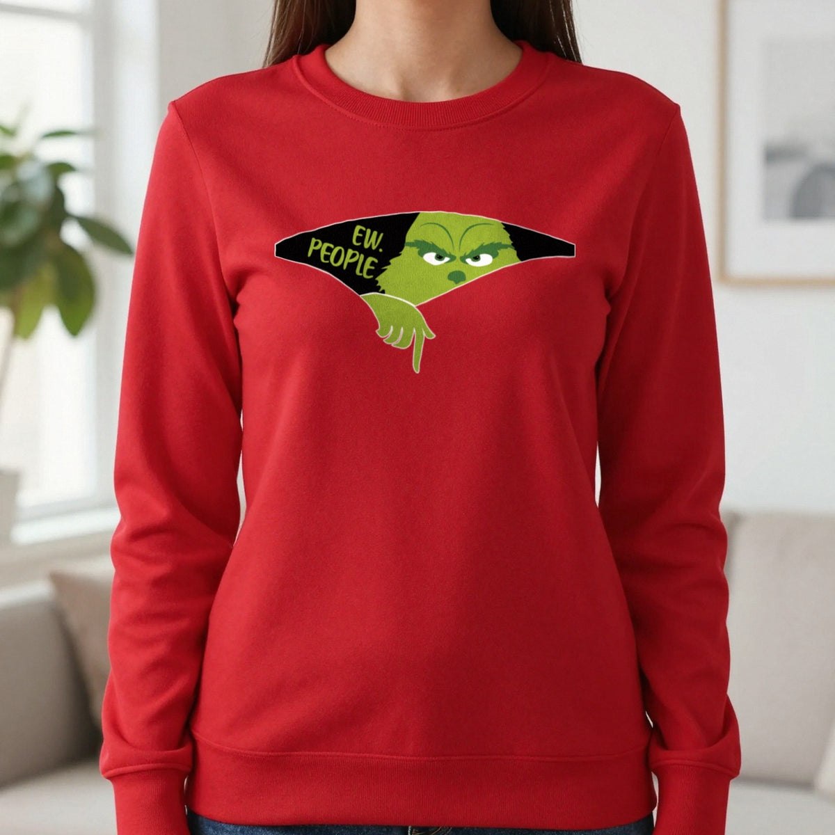 Ew People Grumpy Christmas T-Shirt & Sweatshirt in Red, worn, our photo
