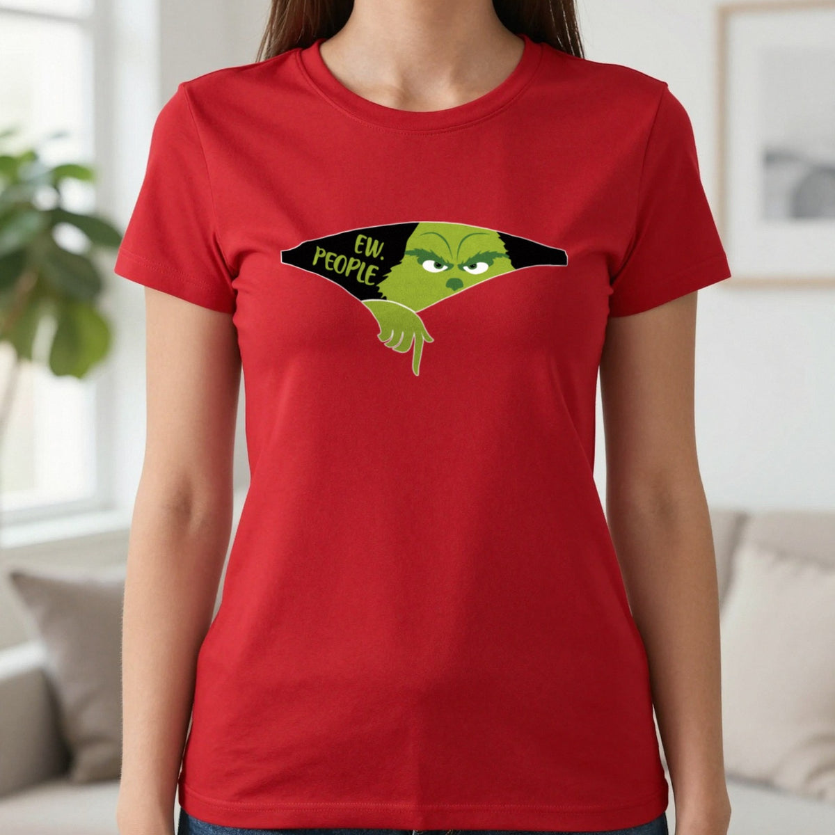 Ew People Grumpy Christmas T-Shirt & Sweatshirt in Red, worn, our photo