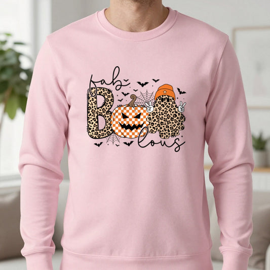 Fab Boo Lous Halloween Sweatshirt in Light Pink, worn, our photo
