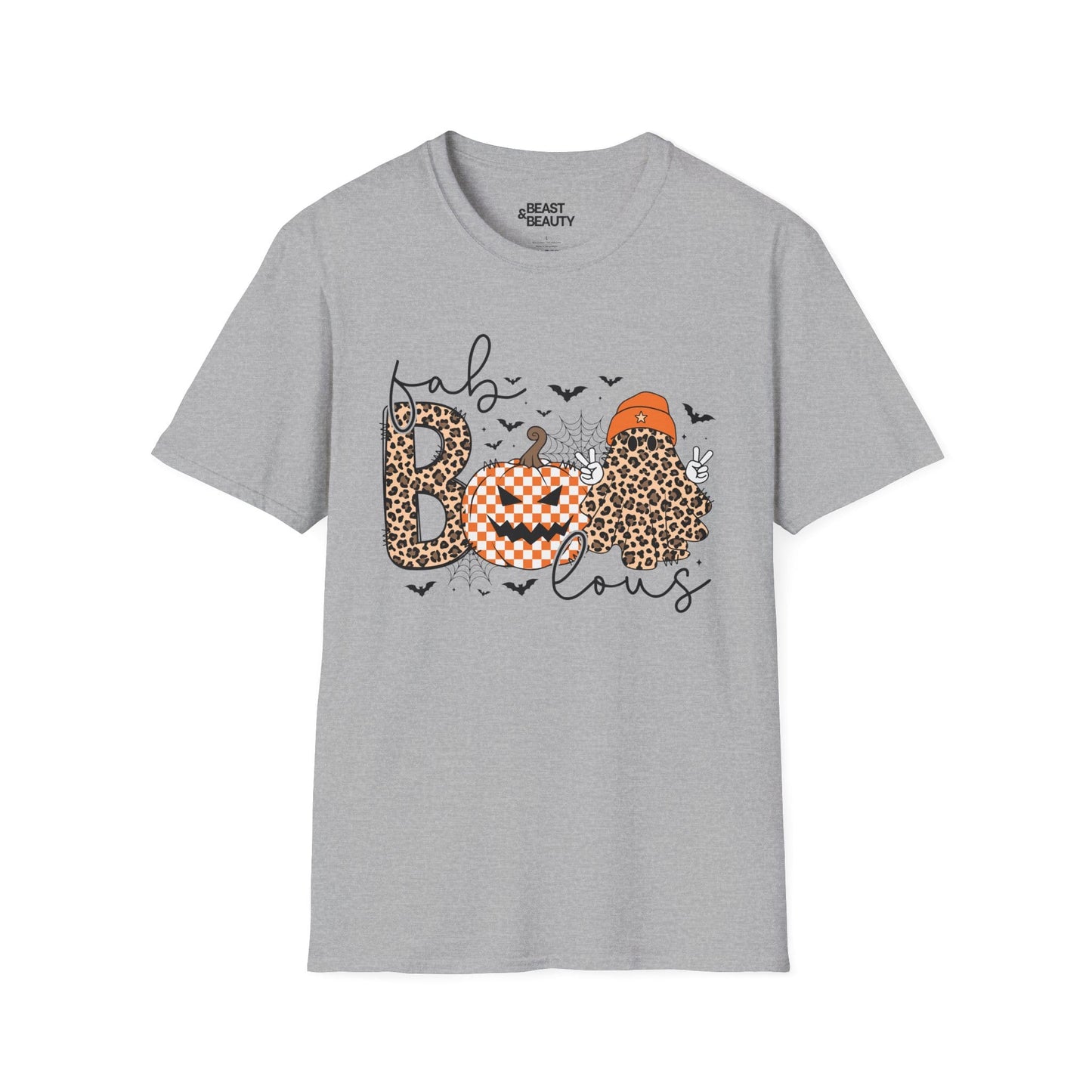 white t-shirt with fab boo lous leopard ghost and autumn pumpkin halloween print