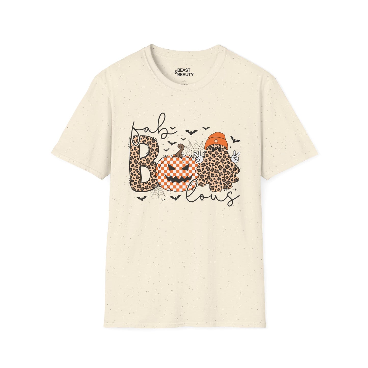 light blue t-shirt with fab boo lous leopard print ghost and pumpkin halloween graphic
