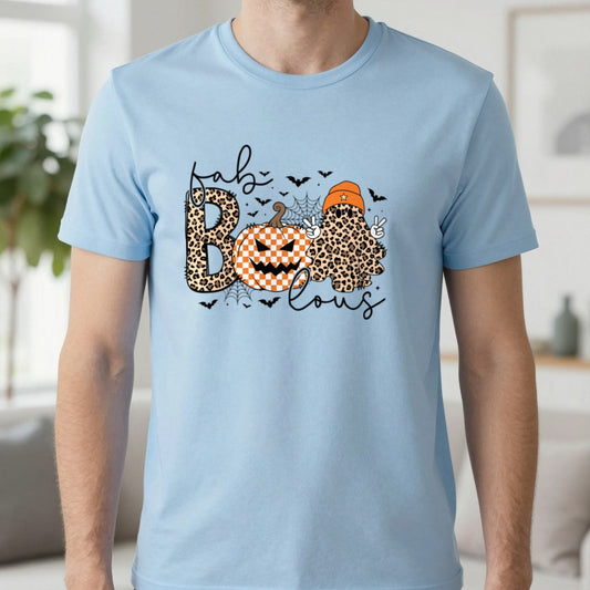 Fab Boo Lous Halloween Ghost T-Shirt in Light Blue, worn, our photo