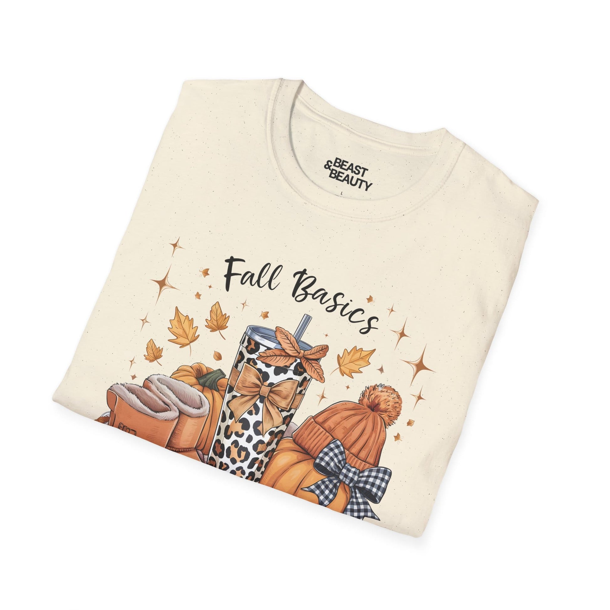 fall basics t-shirt styled with autumn accessories and warm drinks
