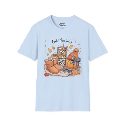 light blue t-shirt with cozy fall basics graphic for women