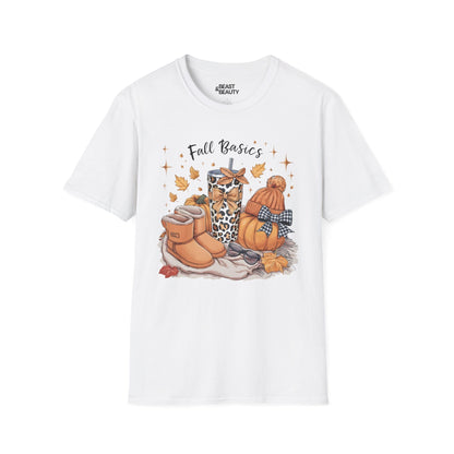 white t-shirt with fall basics autumn essentials design