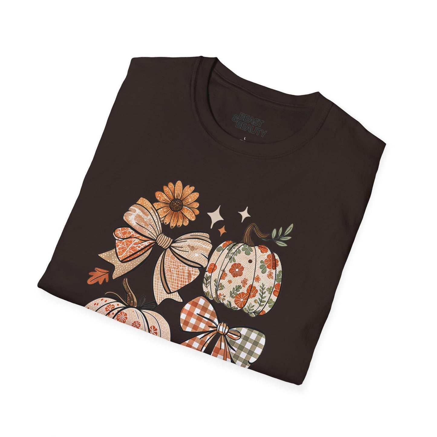 pumpkin bow t-shirt detail showing print quality