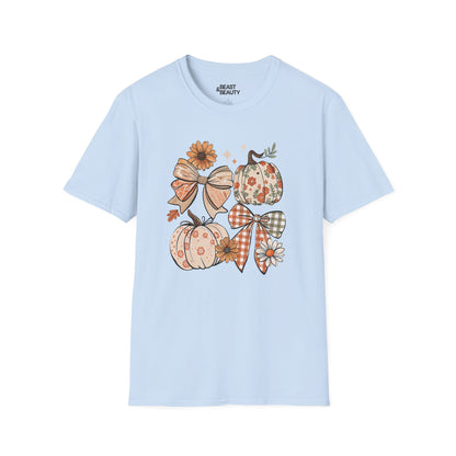 light blue t-shirt with fall pumpkin bow seasonal design