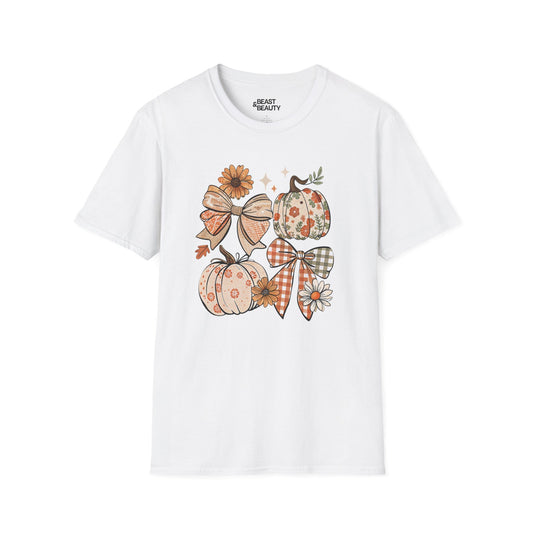 white t-shirt with cute pumpkin bow autumn graphic