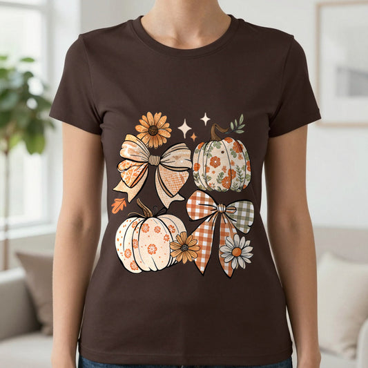 Fall Pumpkin Bow Graphic T-Shirt in Dark Chocolate, worn, our photo