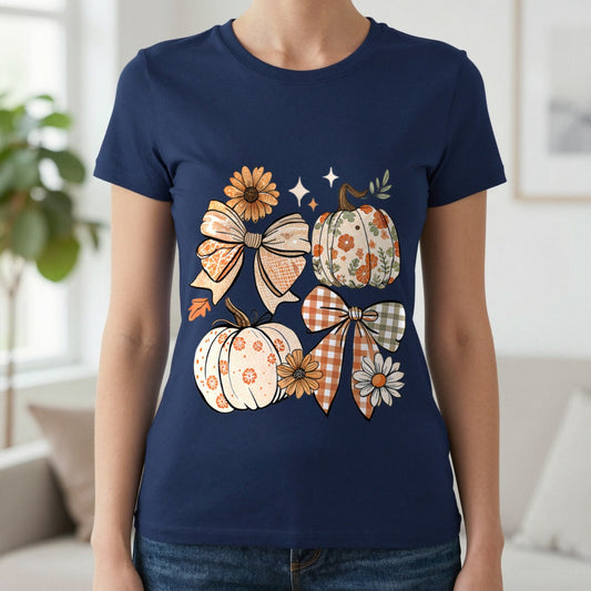 Fall Pumpkin Bow Graphic T-Shirt worn, lifestyle photo
