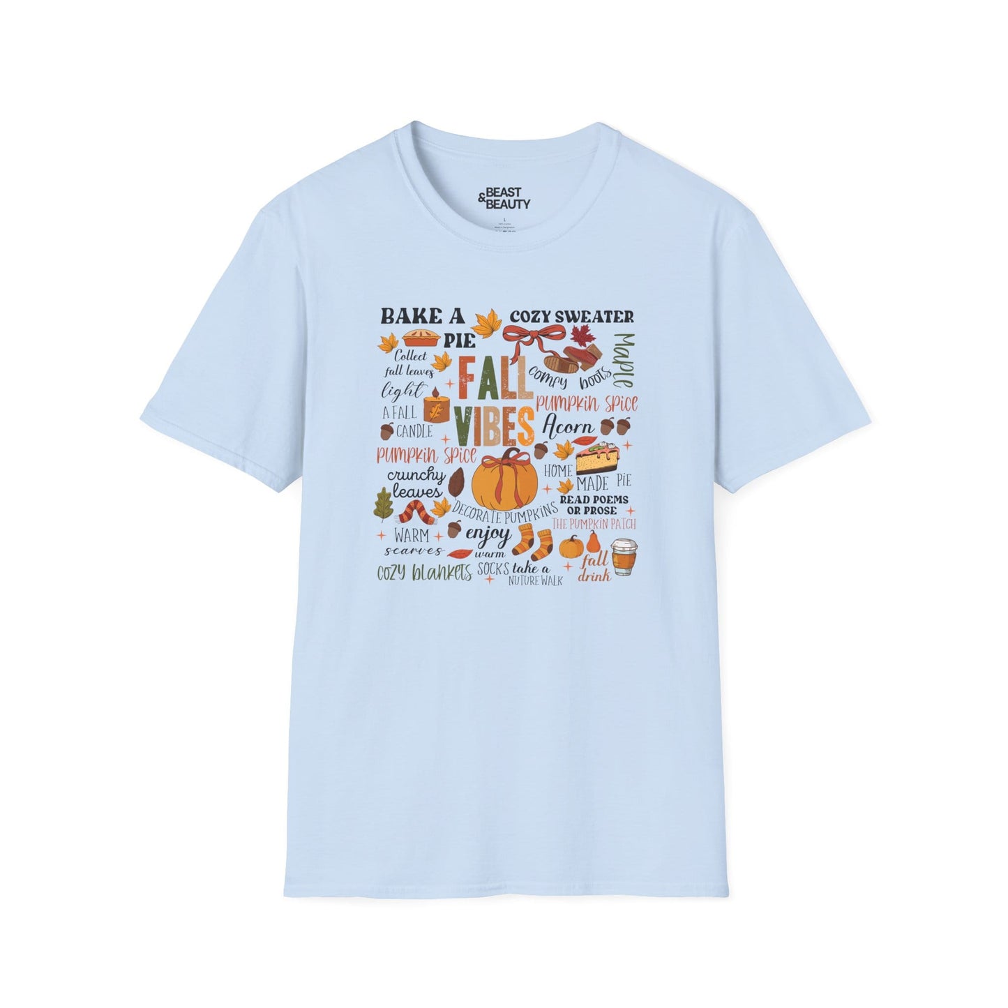 light blue t-shirt with fall vibes aesthetic cosy autumn design
