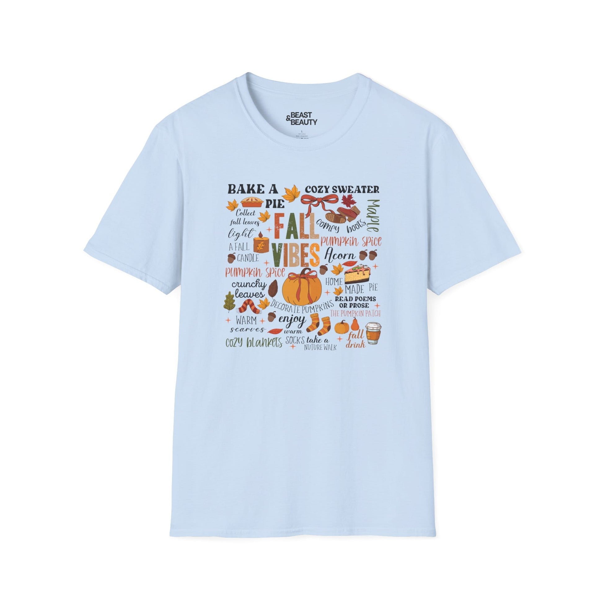 light blue t-shirt with fall vibes aesthetic cosy autumn design