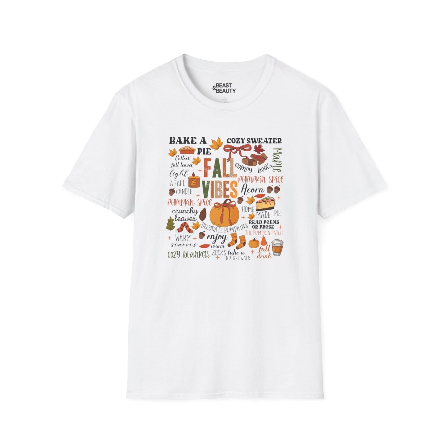 white t-shirt with fall vibes aesthetic autumn graphic