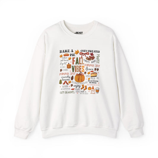 white sweatshirt with fall vibes autumn quotes design