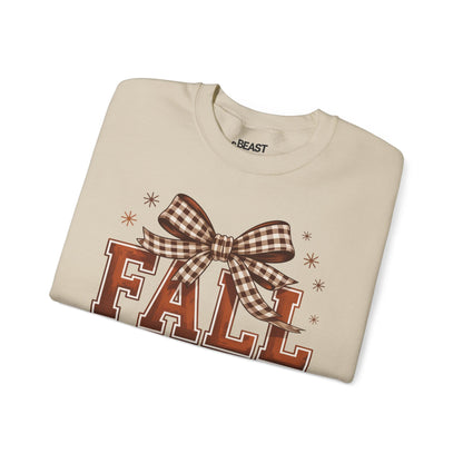 fall vibes bow sweatshirt detail shot showing coquette graphic and print quality