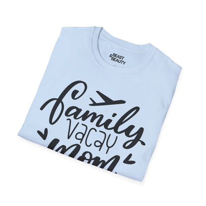 mum wearing white family holiday mum t-shirt styled with casual travel wear