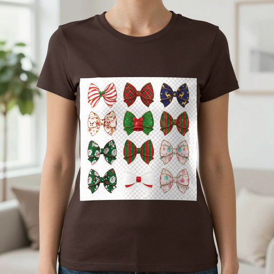 Festive Bow Pattern T-Shirt in Dark Chocolate, worn, our photo