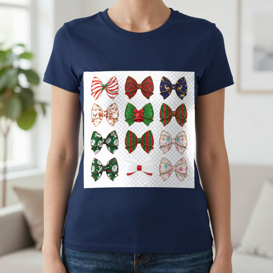 Festive Bow Pattern T-Shirt in Navy, worn, our photo