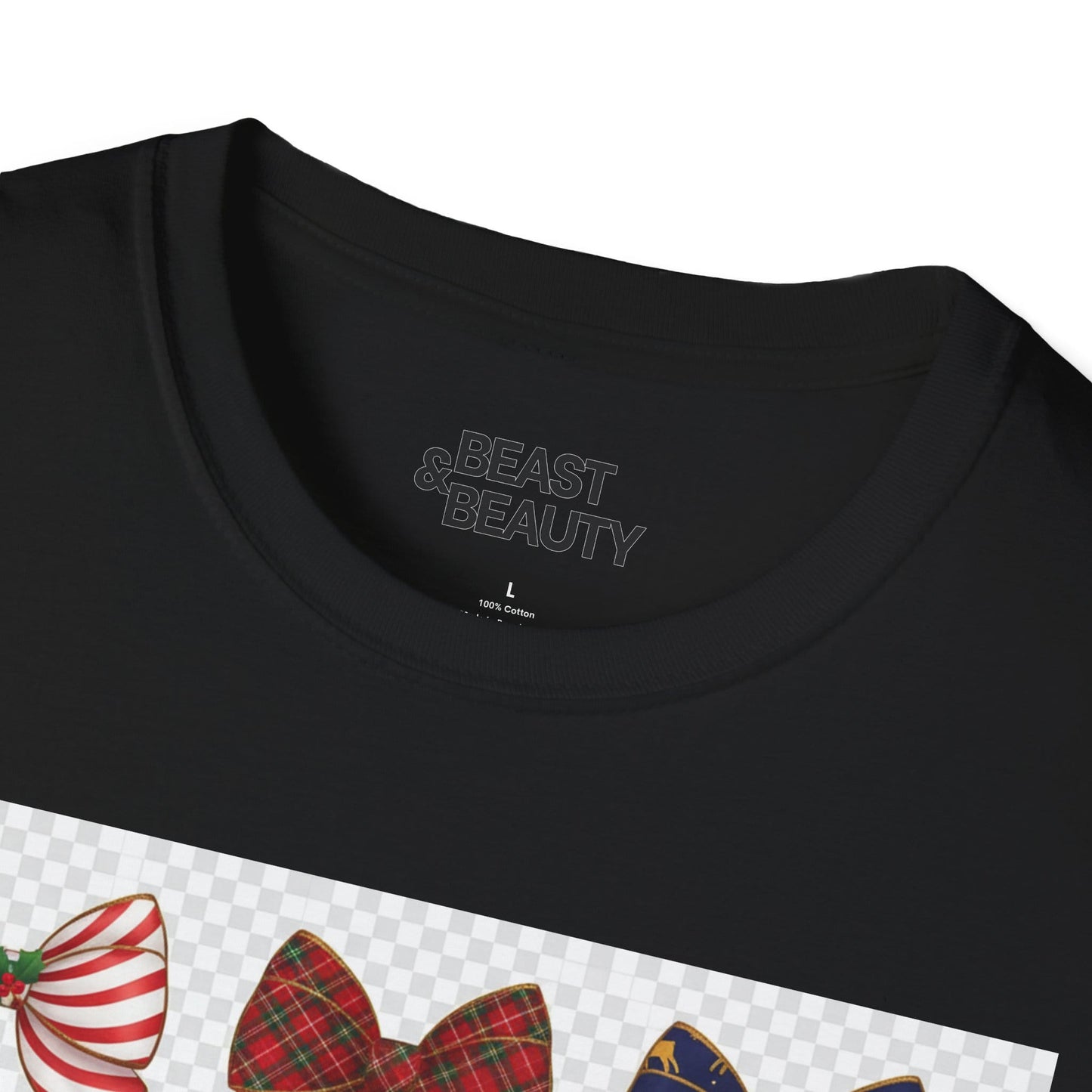 festive bow pattern t-shirt flat lay detail