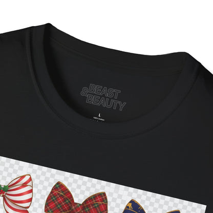 festive bow pattern t-shirt flat lay detail