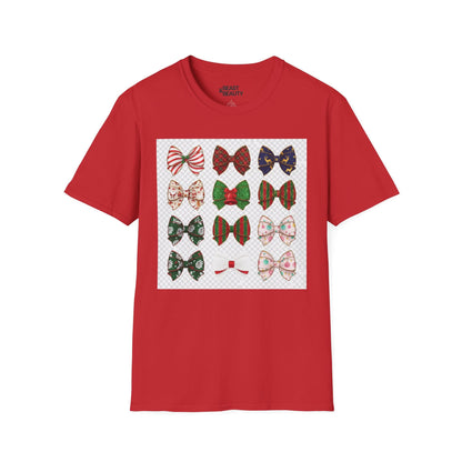 red t-shirt with festive bow pattern holiday graphic