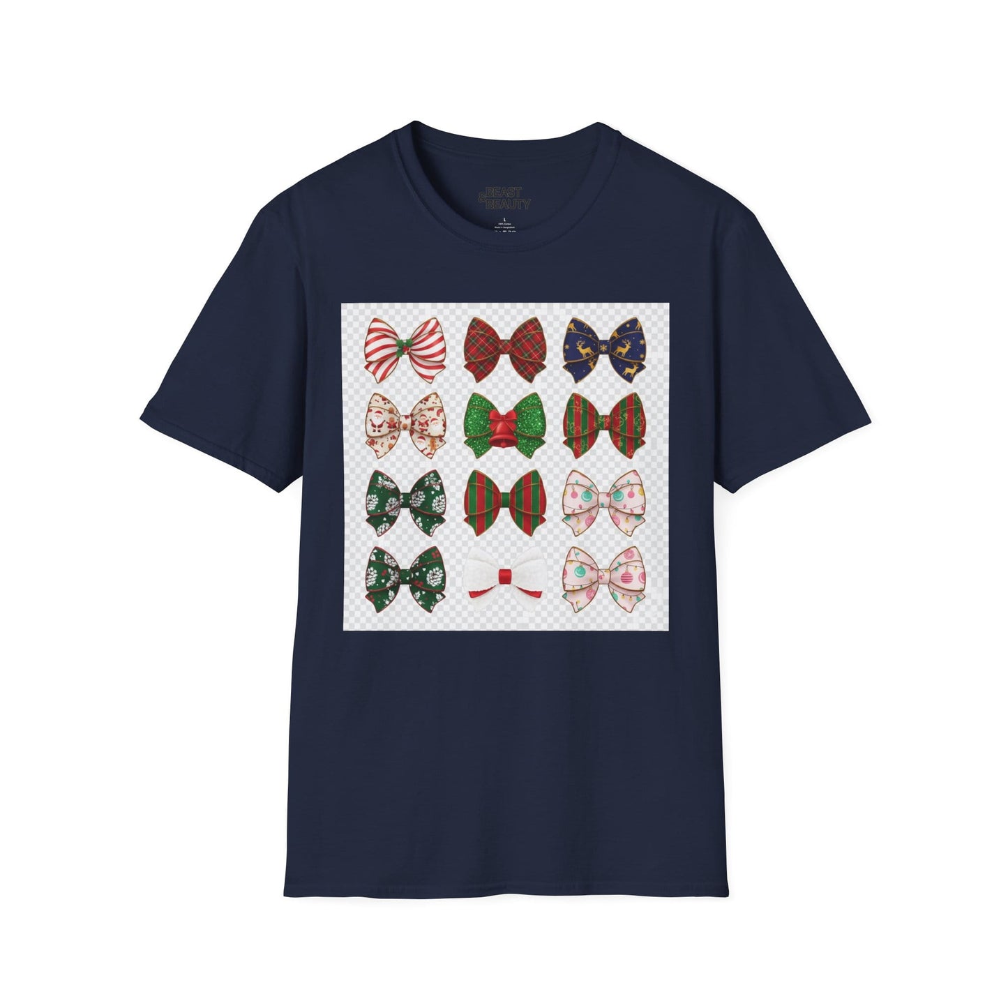 navy t-shirt with festive bow pattern festive design