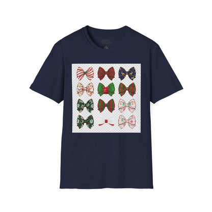 navy t-shirt with festive bow pattern festive design