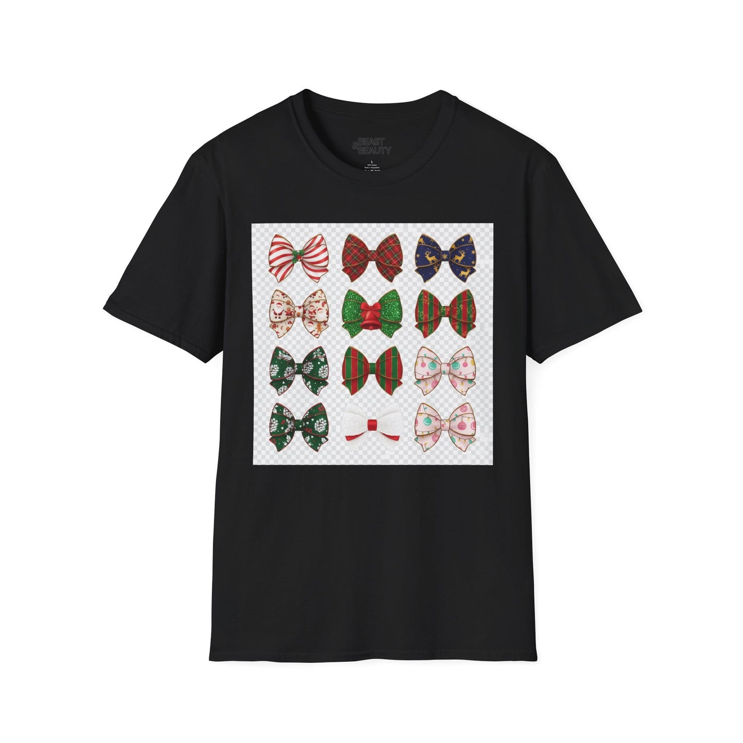 black t-shirt with festive bow pattern graphic design