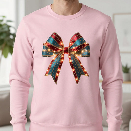 Festive Lighted Christmas Bow Sweatshirt in Light Pink, worn, our photo