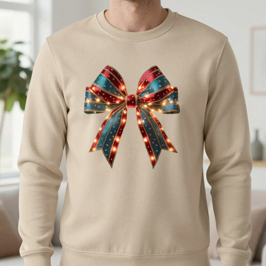 Festive Lighted Christmas Bow Sweatshirt in Sand, worn, our photo