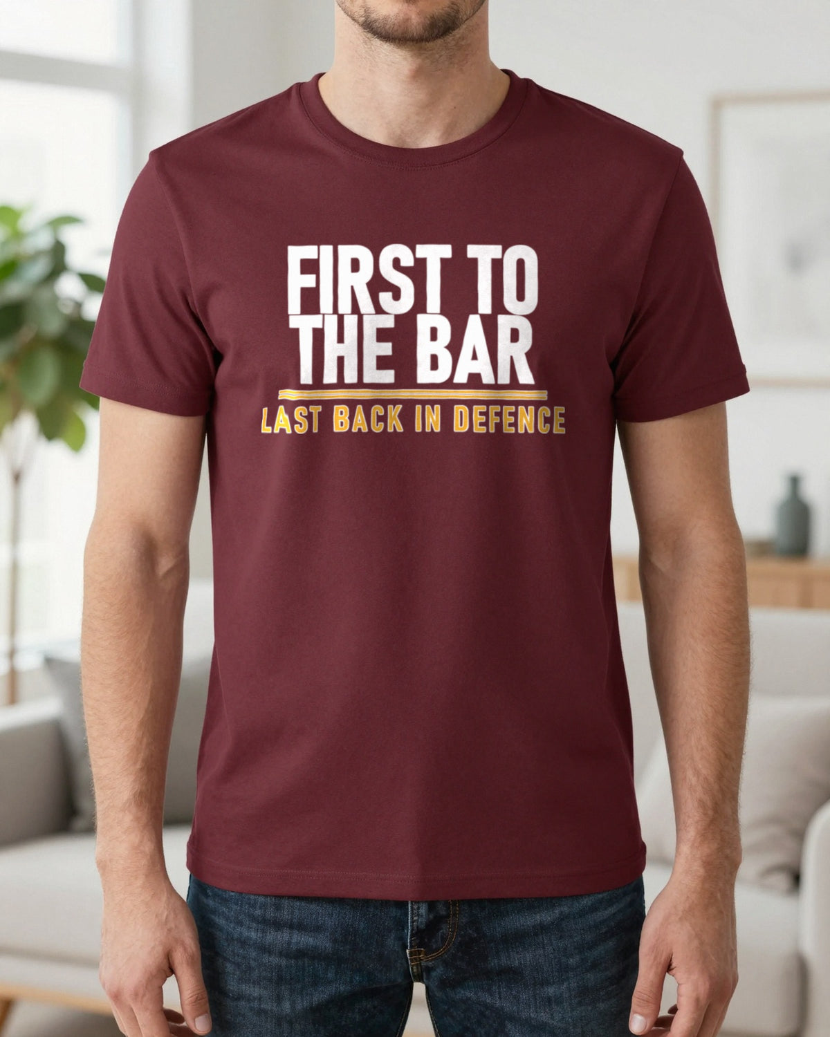 First To The Bar Last Back In Defence Funny Football T-Shirt & Sweatshirt worn